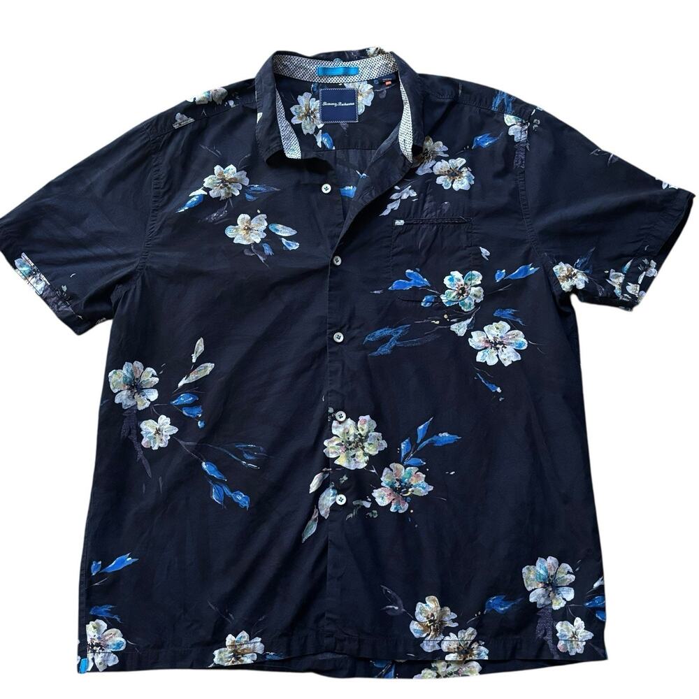 Tommy Bahama Silk Blend Navy Floral Camp Shirt Short Sleeve Button Up XL